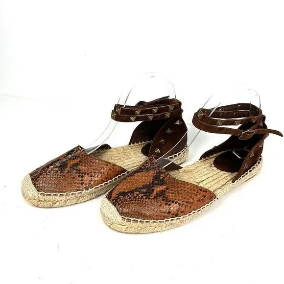 ASH Spain Rockstud Leather Suede Flat Espadrilles Brown Piton Print 37 US 6,5 - Picture 2 of 16